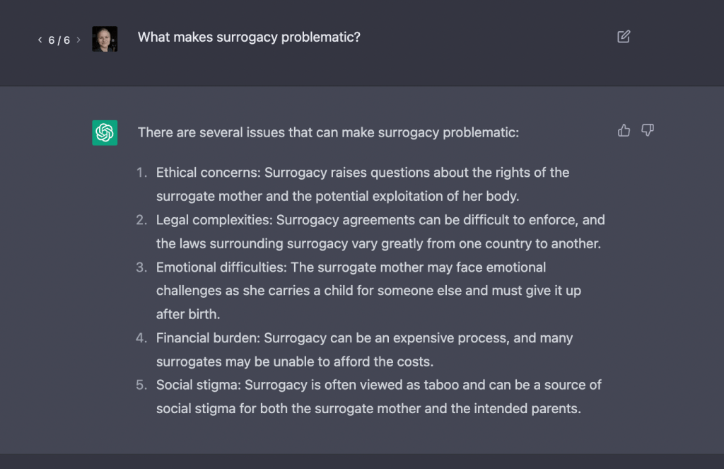 Image of a conversation with ChatGPT where the question is asked and answered around what makes surrogacy problematic.