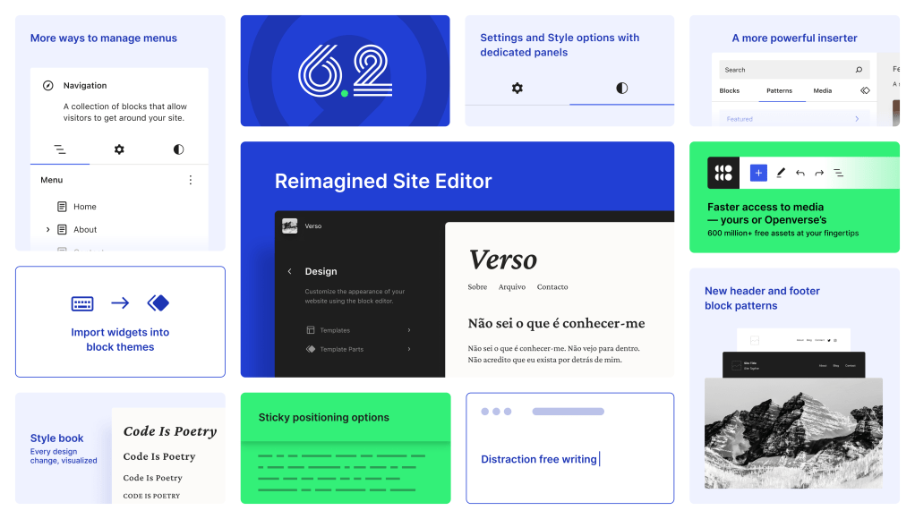 WordPress 6.2 highlight grid with green, blue, and black colors detailing various features coming to the release.
