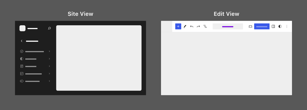 Annotated visual showing the difference between the Site and Edit View in the Site Editor.