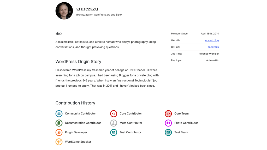 Anne McCarthy's WordPress.org profile showing a description, teams they have contributed to, and when they first joined.